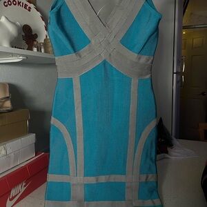 BEBE Turquoise and Gray Mini Dress